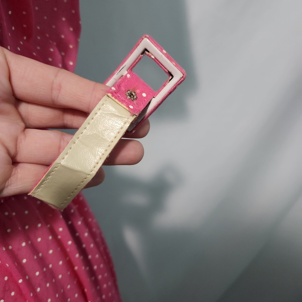 Vintage Montgomery Ward Pink Polka Dot Sheer Button Dress w Belt. Size 11. - Picture 6 of 13